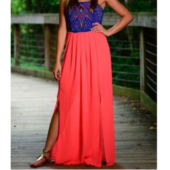 Jealous Tomato Sexy Peach Blue Sheer Maxi Homecoming Flowy Party Dress - Picture 1 of 13